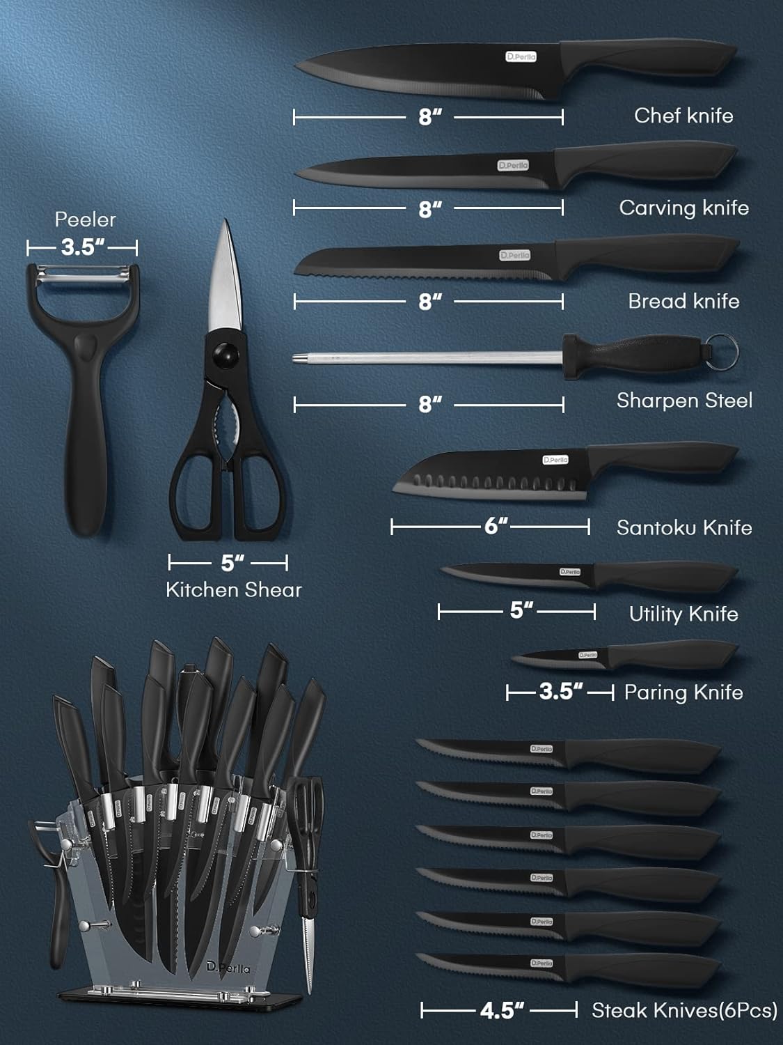Kit de Cuchillos D. Perlla con Soporte Acrilico Negros