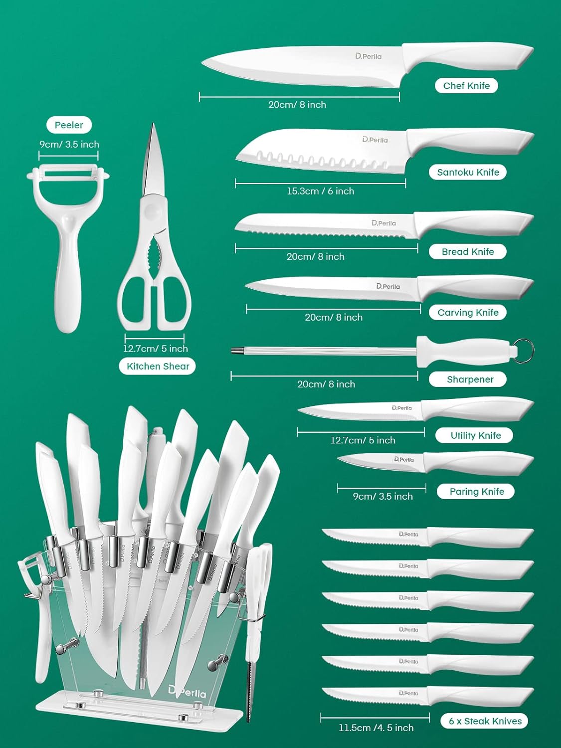 Kit de Cuchillos D. Perlla con Soporte Acrilico Blancos