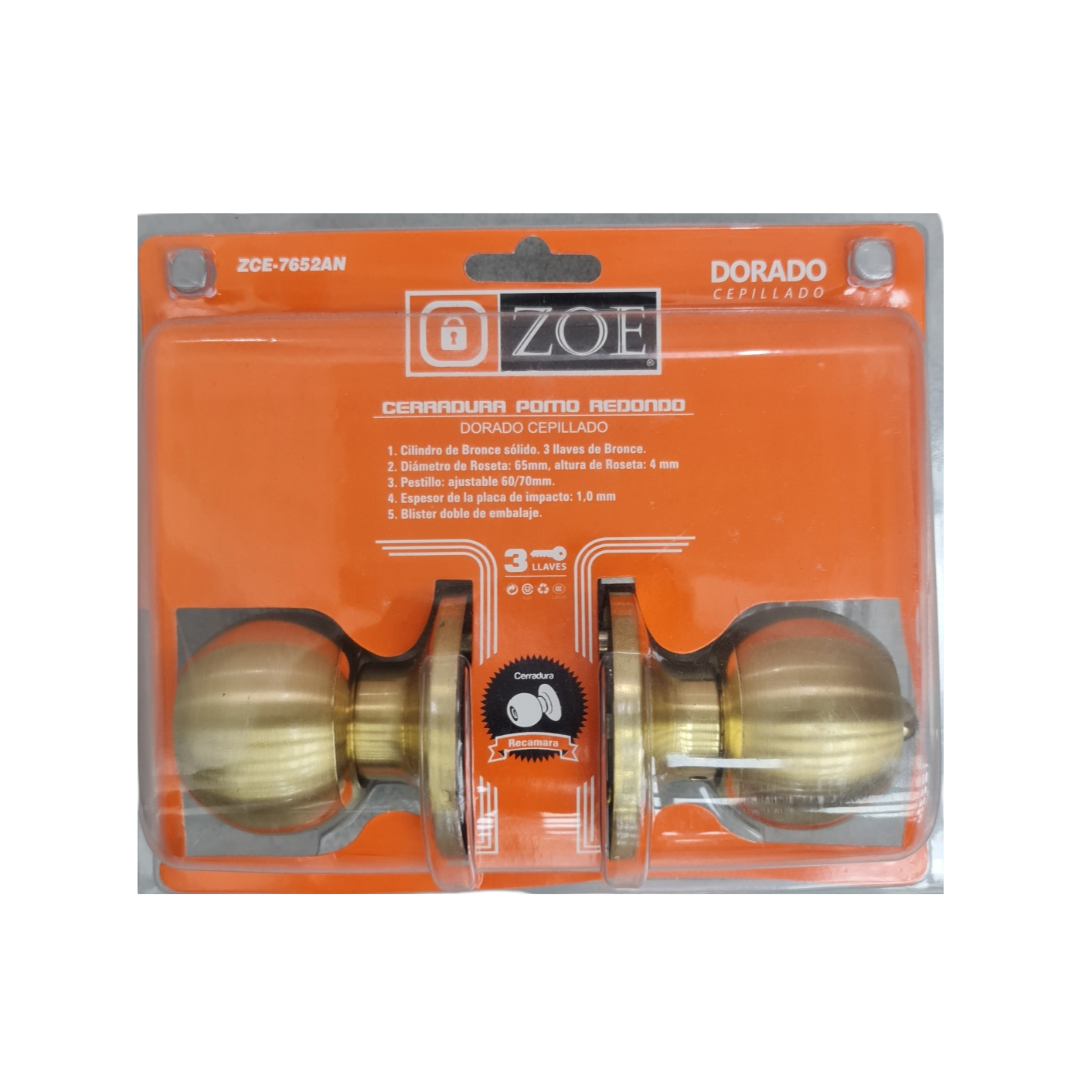 Cerradura Zoe para Habitacion Dorada (Tipo Esfera)