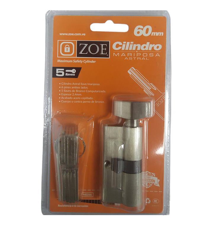 Cilindro Zoe 60mm (Pomo - Llave) Llave de Seguridad